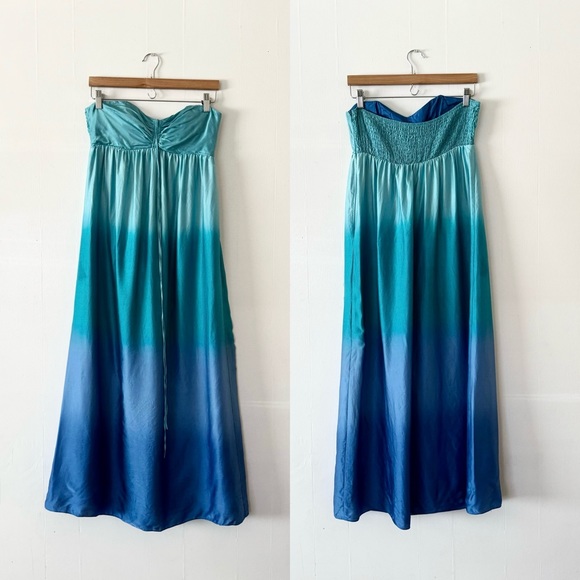 Betsey Johnson Ombré Blue Silk Strapless Mermaid Halter Maxi Dress - Picture 2 of 7